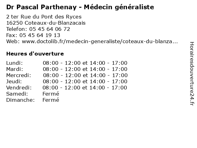 Dr Pascal Parthenay - Médecin généraliste à Coteaux-du-Blanzacais: adresse et heures d'ouverture