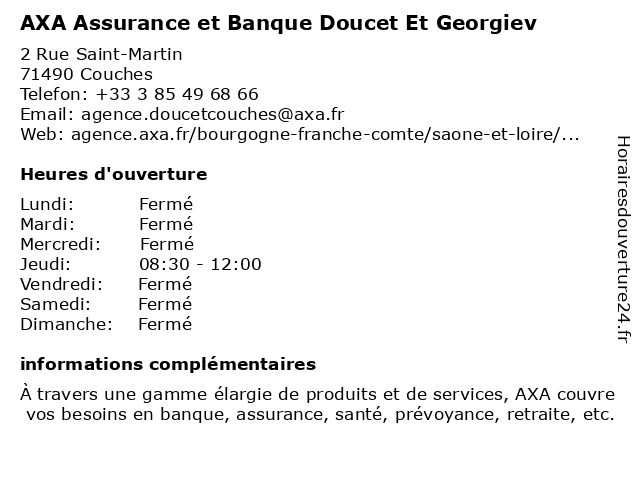 AXA Assurance et Banque Laurent Doucet à Couches: adresse et heures d'ouverture