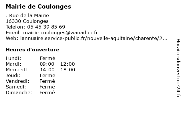 Mairie de Coulonges à Coulonges: adresse et heures d'ouverture