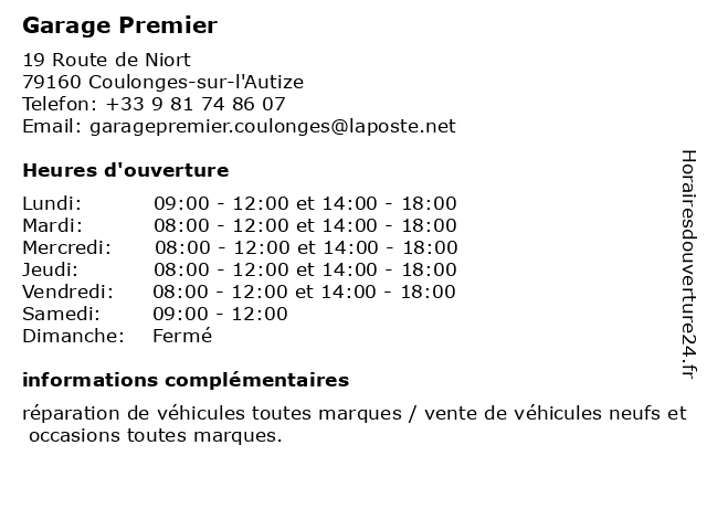 Garage Premier - Ravard Automobiles à Coulonges-sur-l'Autize: adresse et heures d'ouverture