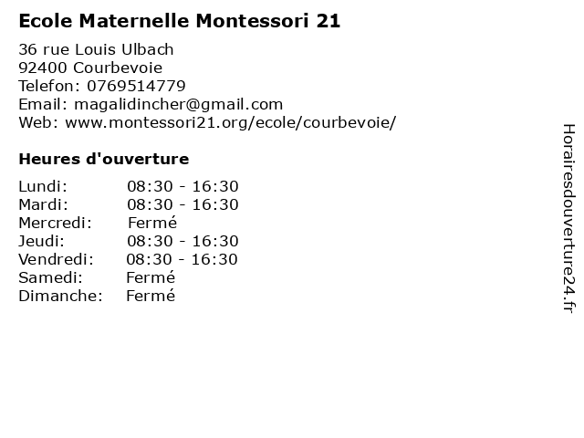 Ecole Maternelle Montessori 21 à Courbevoie: adresse et heures d'ouverture