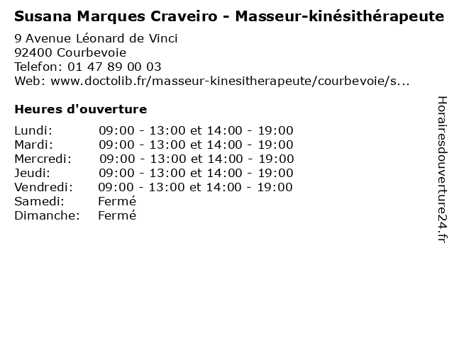 Susana Marques Craveiro - Masseur-kinésithérapeute à Courbevoie: adresse et heures d'ouverture