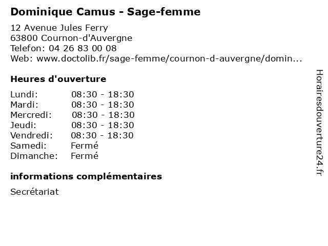 Dominique Camus - Sage-femme à Cournon-d'Auvergne: adresse et heures d'ouverture