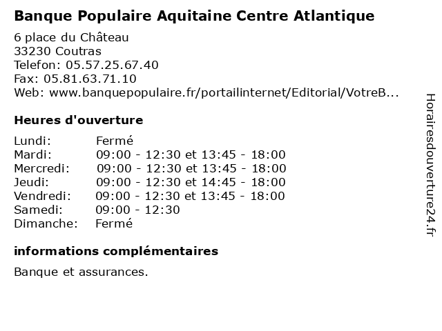 Banque Populaire Aquitaine Centre Atlantique à Coutras: adresse et heures d'ouverture