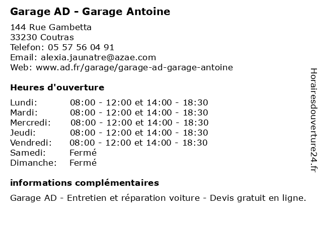 Garage AD - Garage Antoine à Coutras: adresse et heures d'ouverture