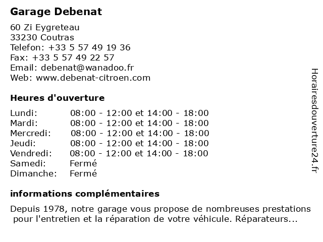 Garage Debenat à Coutras: adresse et heures d'ouverture