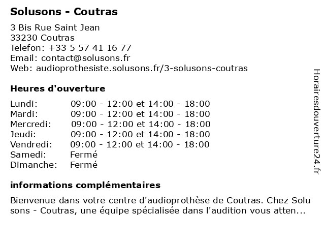 Solusons - Coutras à Coutras: adresse et heures d'ouverture