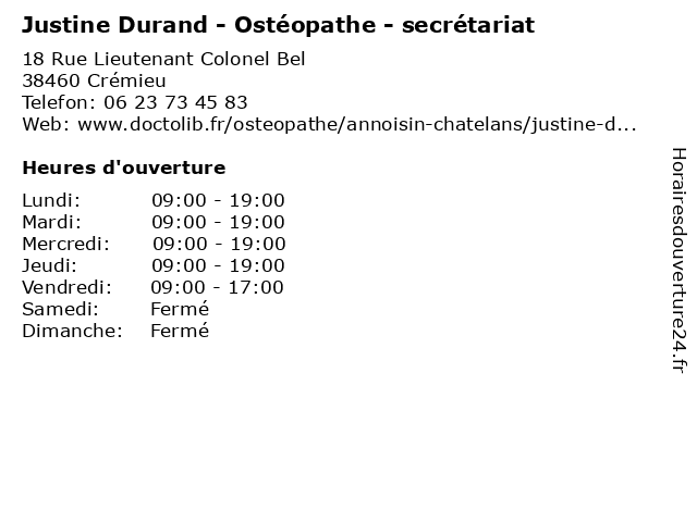Justine Durand - Ostéopathe - secrétariat à Crémieu: adresse et heures d'ouverture