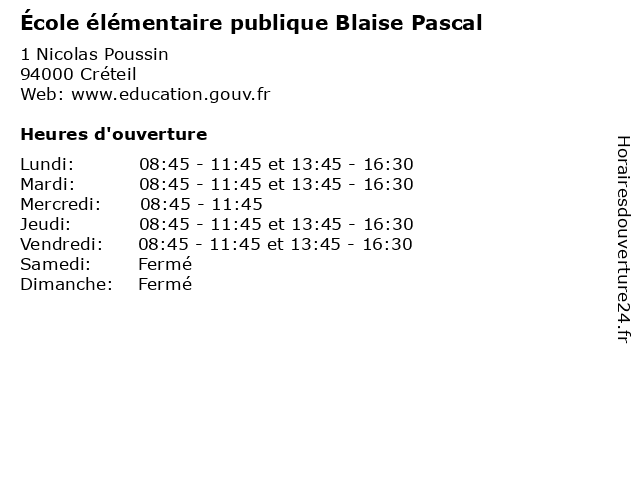 École élémentaire publique Blaise Pascal à Créteil: adresse et heures d'ouverture