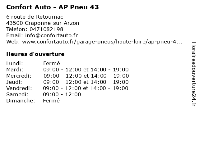 Confort Auto - AP Pneu 43 à Craponne-sur-Arzon: adresse et heures d'ouverture