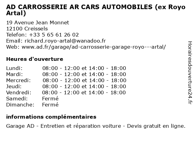 AD CARROSSERIE AR CARS AUTOMOBILES (ex Royo Artal) à Creissels: adresse et heures d'ouverture