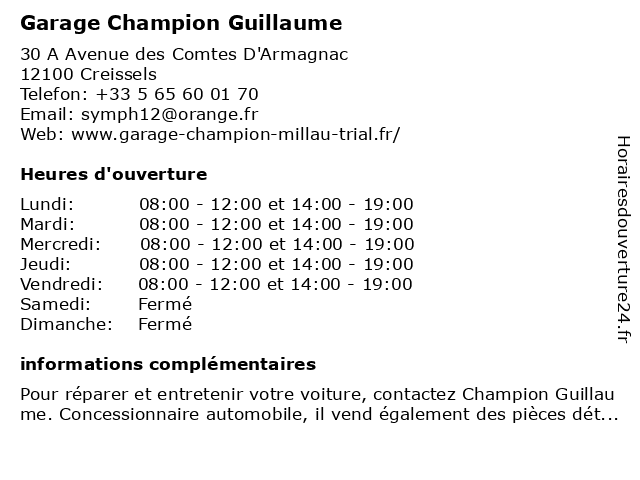 Garage Champion Guillaume à Creissels: adresse et heures d'ouverture