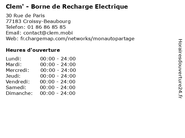 Clem' - Borne de Recharge Electrique à Croissy-Beaubourg: adresse et heures d'ouverture