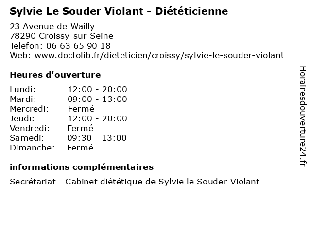 Sylvie Le Souder Violant - Diététicienne à Croissy-sur-Seine: adresse et heures d'ouverture