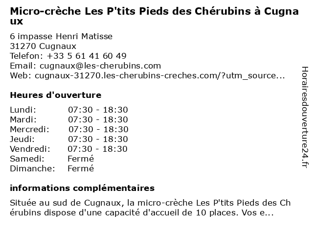 Micro-crèche Les P'tits Pieds des Chérubins à Cugnaux à Cugnaux: adresse et heures d'ouverture