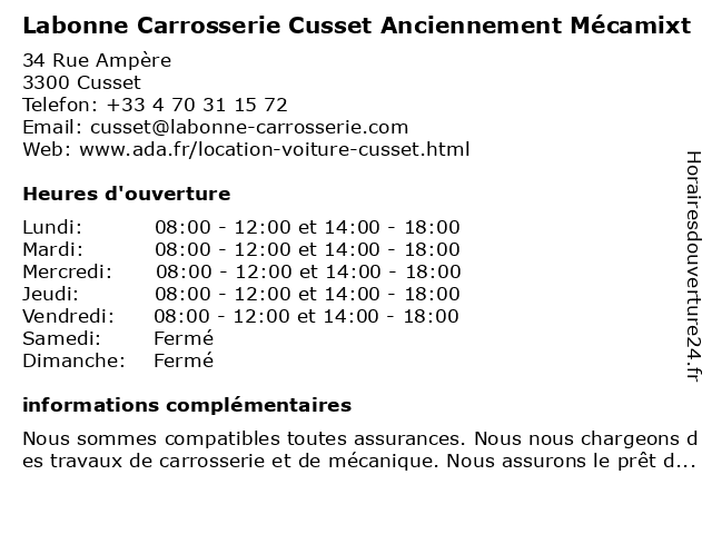 Carrosserie Mécanique Mécamixt SARL à Cusset: adresse et heures d'ouverture
