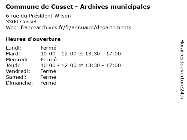 Commune de Cusset - Archives municipales à Cusset: adresse et heures d'ouverture