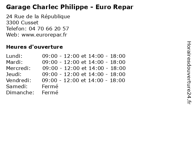 Garage Charlec Philippe - Euro Repar à Cusset: adresse et heures d'ouverture