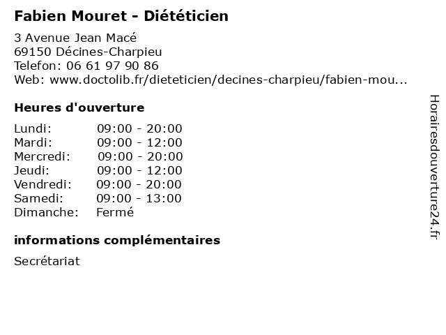 Fabien Mouret - Diététicien à Décines-Charpieu: adresse et heures d'ouverture