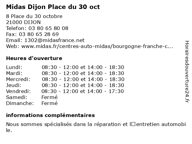 Midas Dijon Place du 30 oct à DIJON: adresse et heures d'ouverture