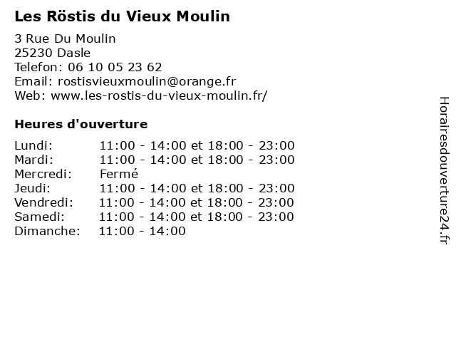 Les Röstis du Vieux Moulin à Dasle: adresse et heures d'ouverture