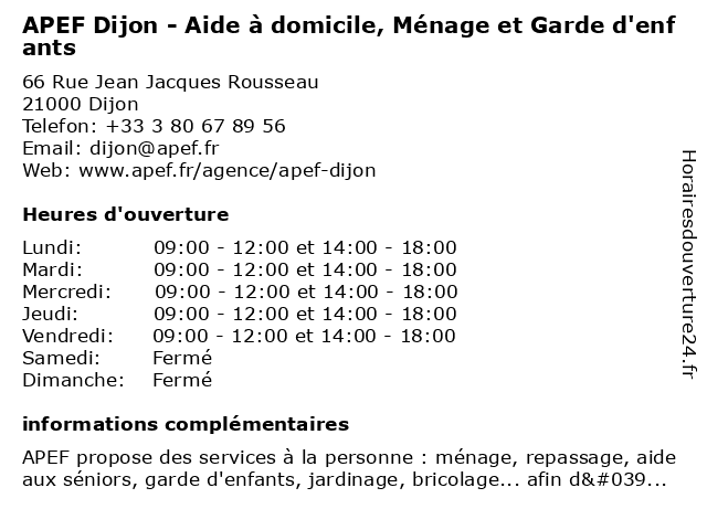 APEF Dijon - Aide à domicile, Ménage et Garde d'enfants à Dijon: adresse et heures d'ouverture