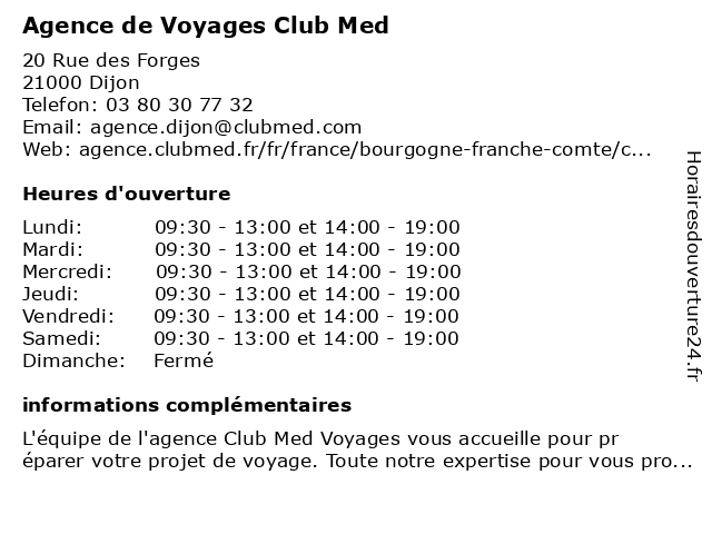 Agence de Voyages Club Med à Dijon: adresse et heures d'ouverture
