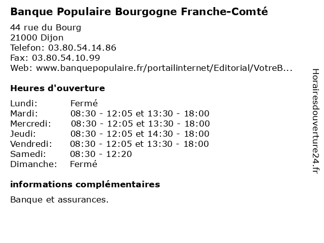 Banque Populaire Bourgogne Franche-Comté à Dijon: adresse et heures d'ouverture