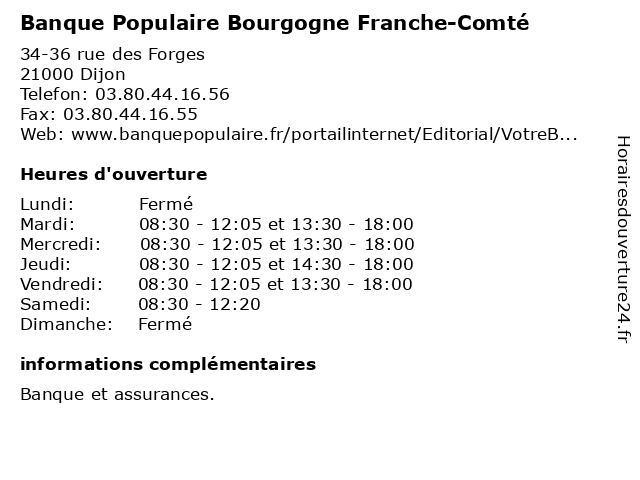 Banque Populaire Bourgogne Franche-Comté à Dijon: adresse et heures d'ouverture