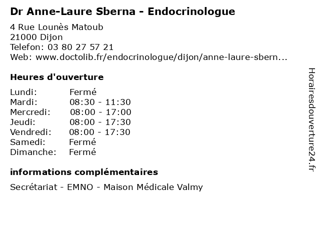 Dr Anne-Laure Sberna - Endocrinologue à Dijon: adresse et heures d'ouverture