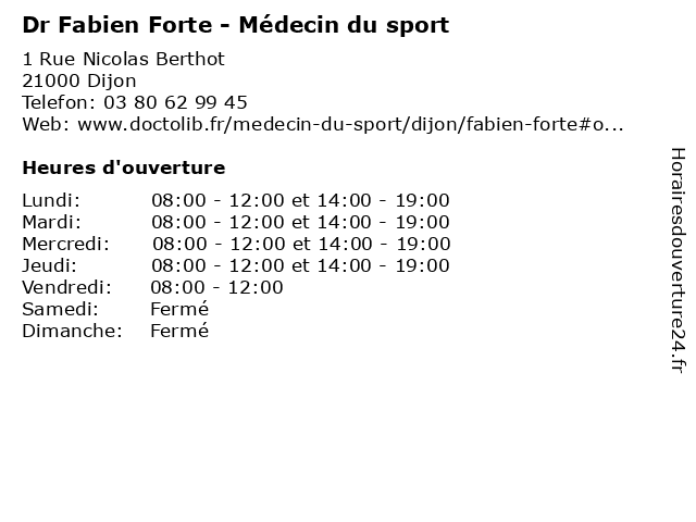 Dr Fabien Forte - Médecin du sport à Dijon: adresse et heures d'ouverture