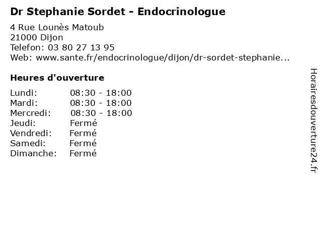 Dr Stephanie Sordet - Endocrinologue à Dijon: adresse et heures d'ouverture