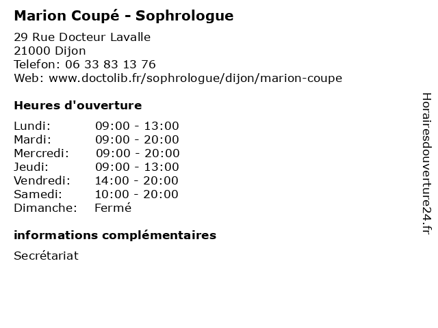Marion Coupé - Sophrologue à Dijon: adresse et heures d'ouverture
