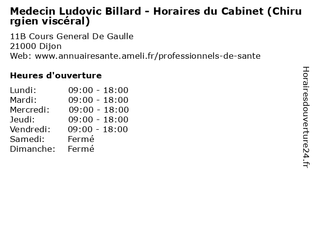 Medecin Ludovic Billard - Horaires du Cabinet (Chirurgien viscéral) à Dijon: adresse et heures d'ouverture