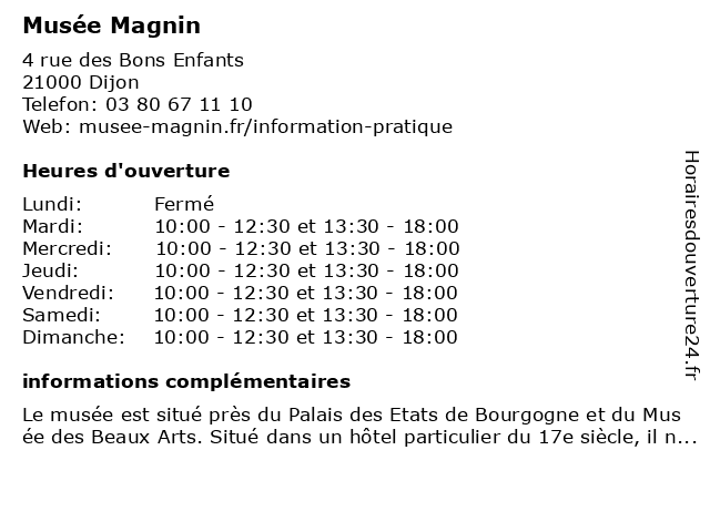 Musée Magnin à Dijon: adresse et heures d'ouverture
