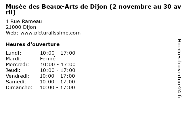 Musée des Beaux-Arts de Dijon (2 novembre au 30 avril) à Dijon: adresse et heures d'ouverture