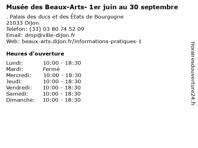 Musée des Beaux-Arts- 1er juin au 30 septembre à Dijon: adresse et heures d'ouverture