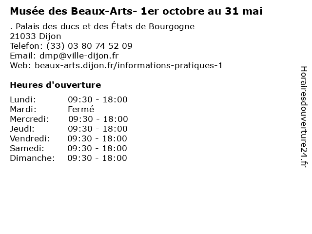 Musée des Beaux-Arts- 1er octobre au 31 mai à Dijon: adresse et heures d'ouverture