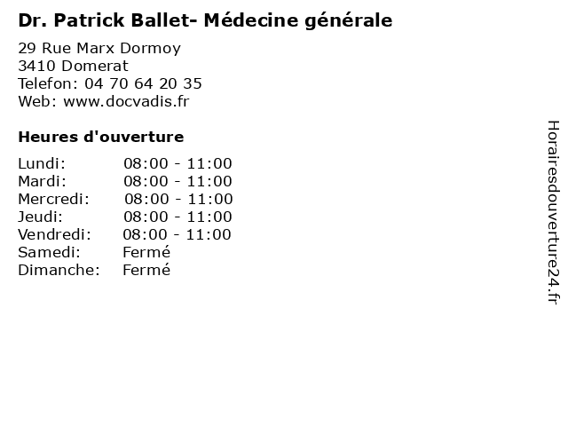 Dr. Patrick Ballet- Médecine générale à Domerat: adresse et heures d'ouverture