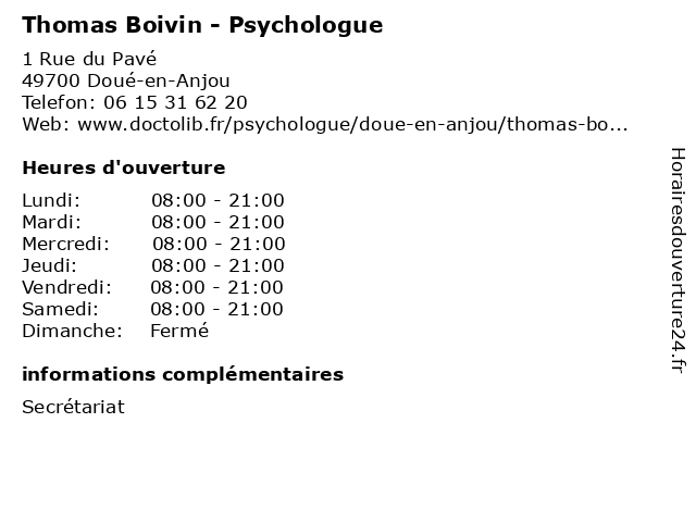 Thomas Boivin - Psychologue à Doué-en-Anjou: adresse et heures d'ouverture
