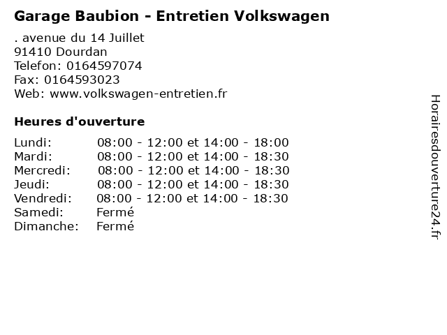 Garage Baubion - Entretien Volkswagen à Dourdan: adresse et heures d'ouverture
