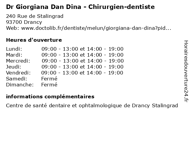 Dr Giorgiana Dan Dina - Chirurgien-dentiste à Drancy: adresse et heures d'ouverture