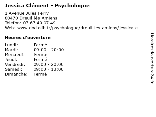 Jessica Clément - Psychologue à Dreuil-lès-Amiens: adresse et heures d'ouverture