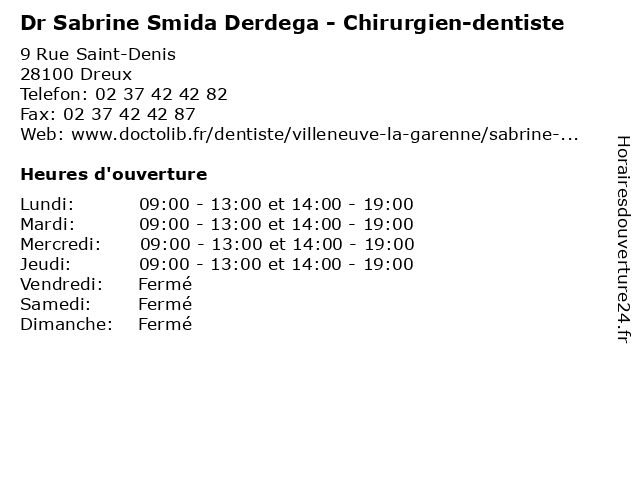 Dr Sabrine Smida Derdega - Chirurgien-dentiste à Dreux: adresse et heures d'ouverture