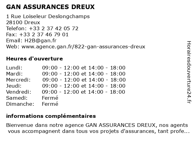 GAN ASSURANCES DREUX à Dreux: adresse et heures d'ouverture