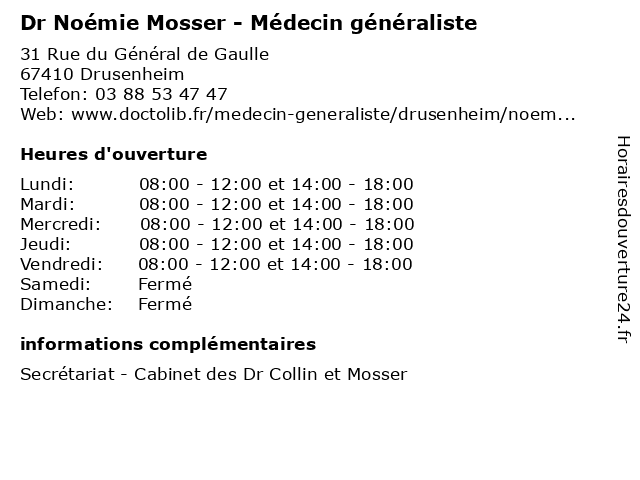 Dr Noémie Mosser - Médecin généraliste à Drusenheim: adresse et heures d'ouverture