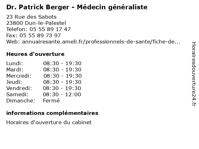 Dr. Patrick Berger - Médecin généraliste à Dun-le-Palestel: adresse et heures d'ouverture