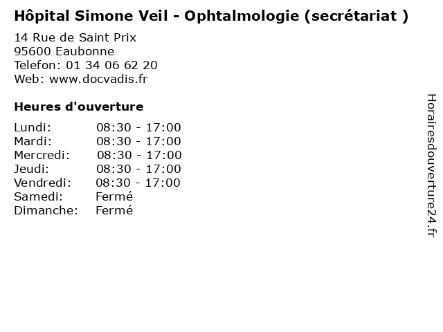 Hôpital Simone Veil 14 Rue De Saint-prix 95600 Eaubonne ᐅ Horaires d'ouverture „Hôpital Simone Veil - Ophtalmologie