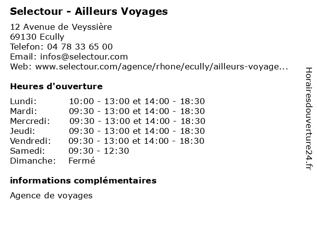 Selectour - Ailleurs Voyages à Ecully: adresse et heures d'ouverture