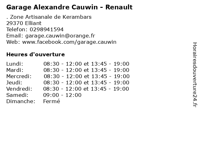 Garage Alexandre Cauwin - Renault à Elliant: adresse et heures d'ouverture
